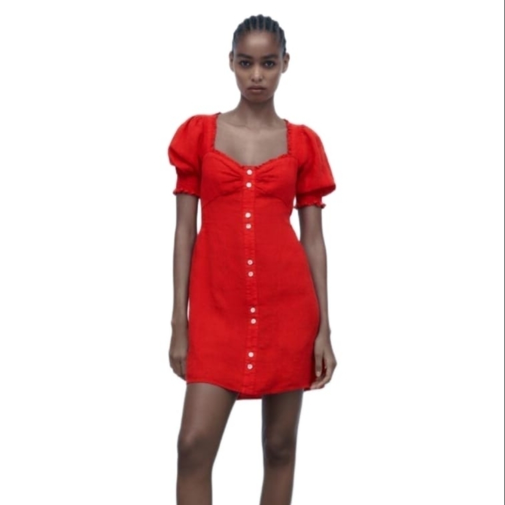 ZARA MINI LINEN DRESS RED | 8372/072 SIZE S